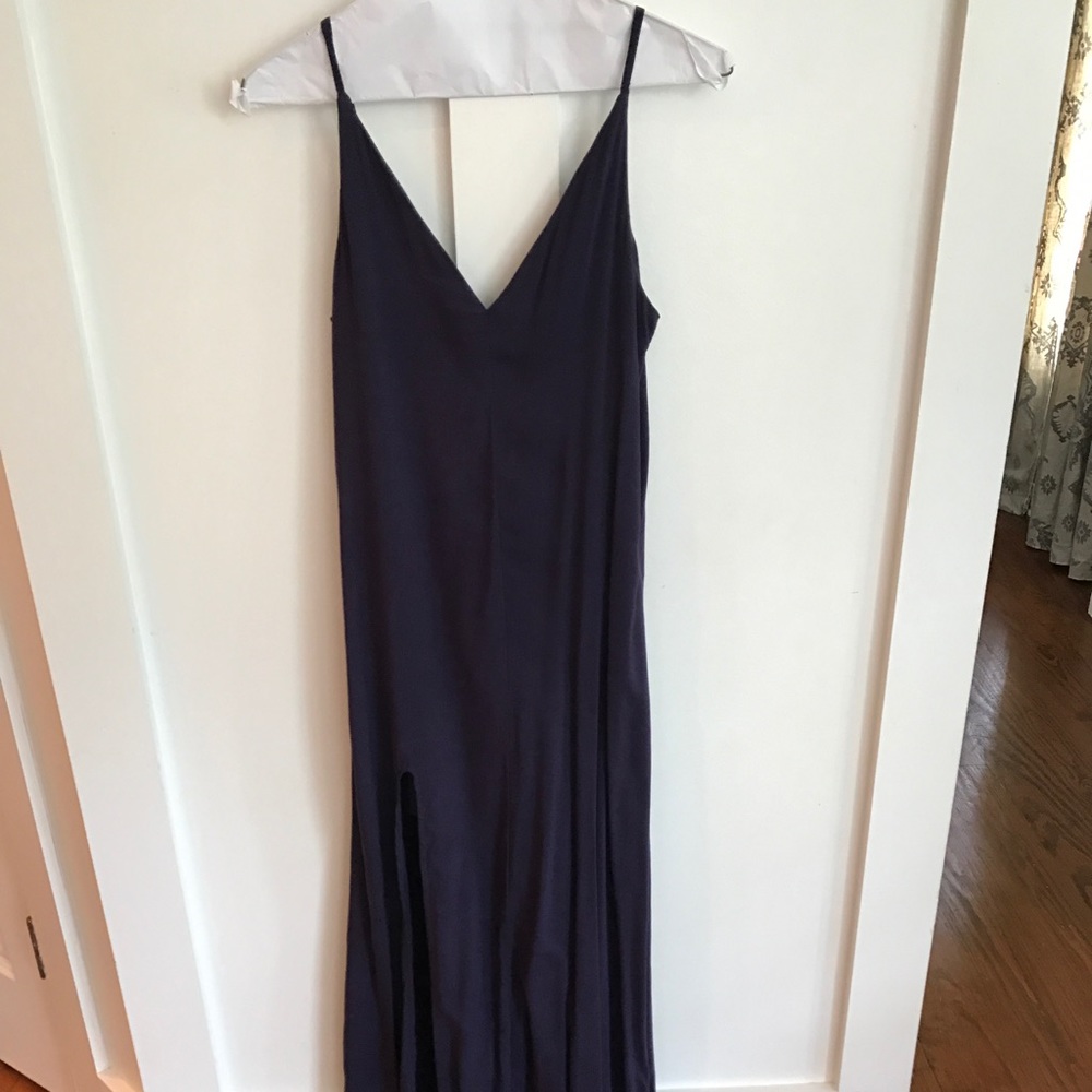 Navy Low Back Silk Maxi Dress with Slit